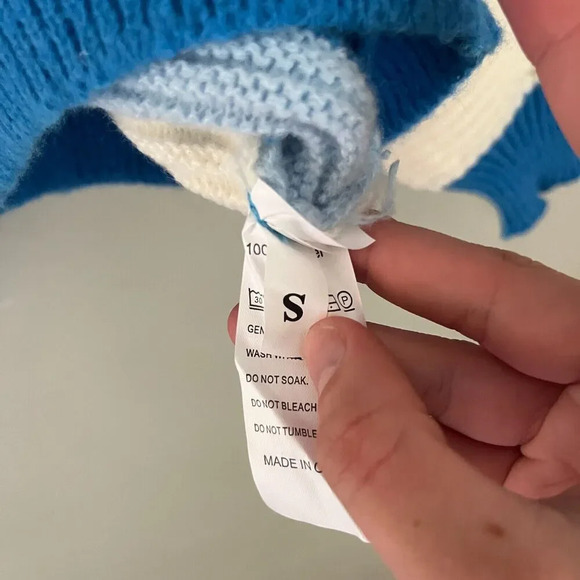 Womens Blue Ivory Knit Sweater Small Balloon Long Sleeve Mock Neck Colorblock - Picture 4 of 7